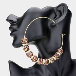 Gold Shamballa 3.8" Disco Beads Hoop Earrings Cute Fashion Statement Jewelry